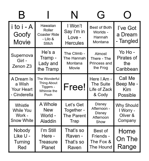 Disney Hits! Bingo Card