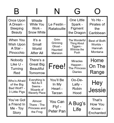 Disney Hits! Bingo Card