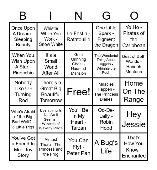 Disney Hits! Bingo Card