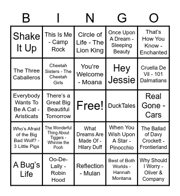 Disney Hits! Bingo Card