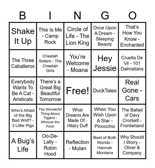 Disney Hits! Bingo Card