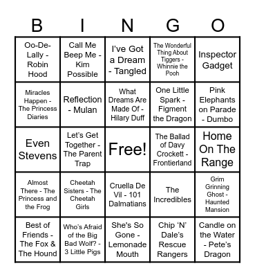 Disney Hits! Bingo Card