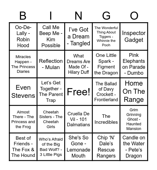 Disney Hits! Bingo Card