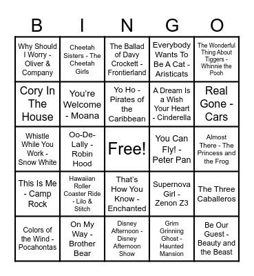Disney Hits! Bingo Card