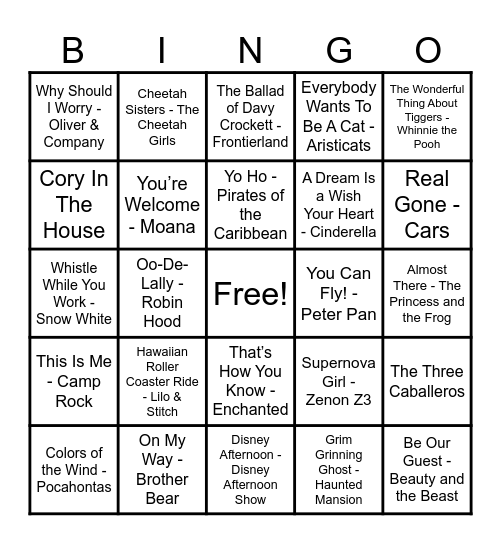 Disney Hits! Bingo Card