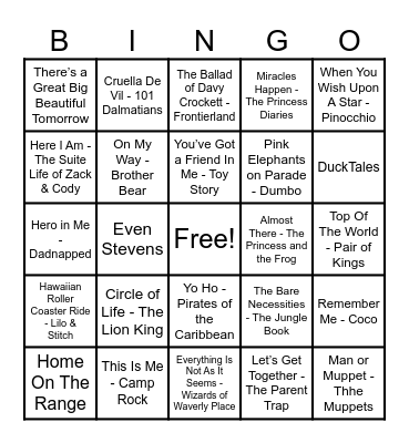 Disney Hits! Bingo Card