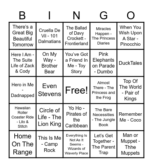 Disney Hits! Bingo Card