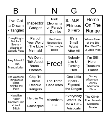 Disney Hits! Bingo Card