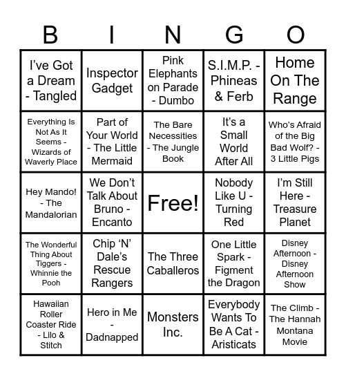 Disney Hits! Bingo Card