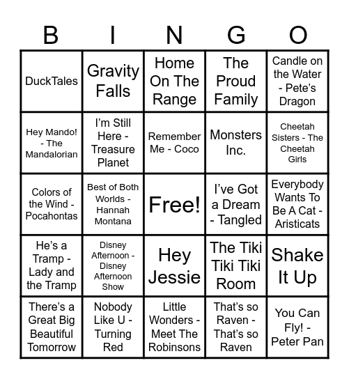 Disney Hits! Bingo Card