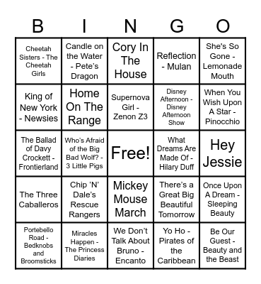 Disney Hits! Bingo Card