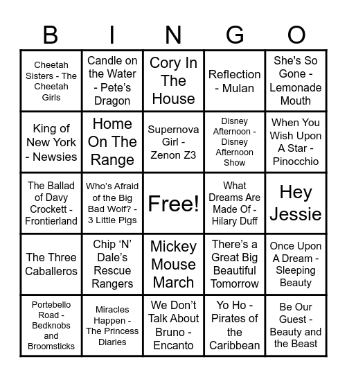 Disney Hits! Bingo Card