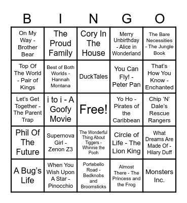 Disney Hits! Bingo Card