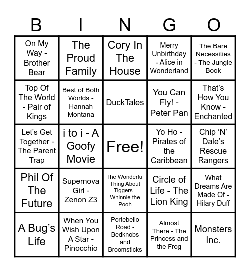 Disney Hits! Bingo Card