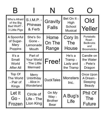 Disney Hits! Bingo Card