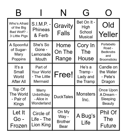Disney Hits! Bingo Card