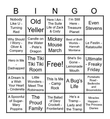 Disney Hits! Bingo Card