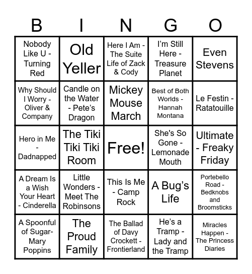 Disney Hits! Bingo Card
