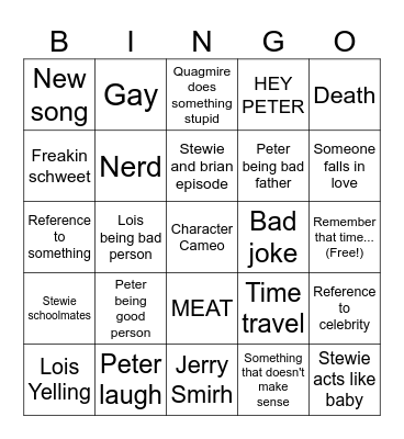 Family guy Bingo Card