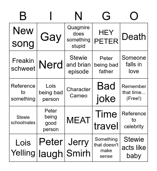 Family guy Bingo Card