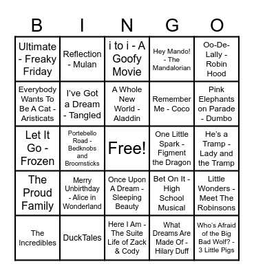 Disney Hits! Bingo Card