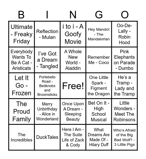 Disney Hits! Bingo Card