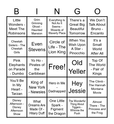 Disney Hits! Bingo Card