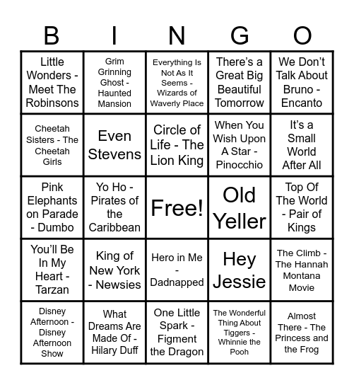 Disney Hits! Bingo Card