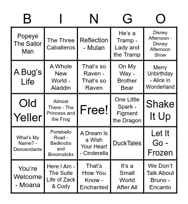 Disney Hits! Bingo Card