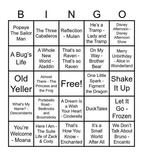 Disney Hits! Bingo Card