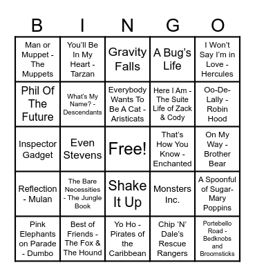 Disney Hits! Bingo Card