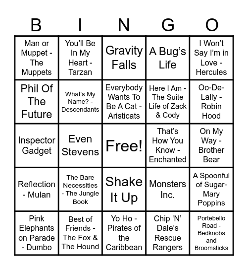 Disney Hits! Bingo Card