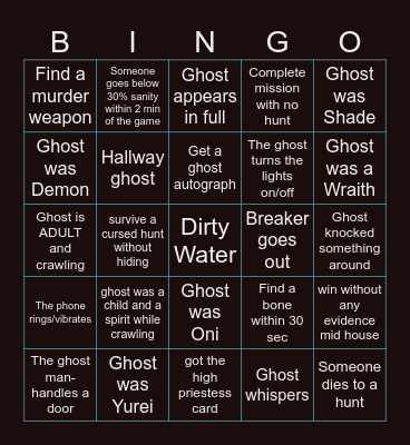PhasmoPHOBIA Bingo Card