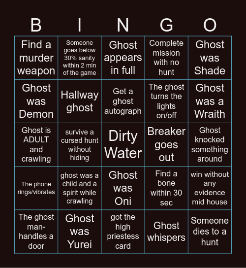 PhasmoPHOBIA Bingo Card