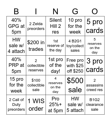 Pro Week Bingo Card