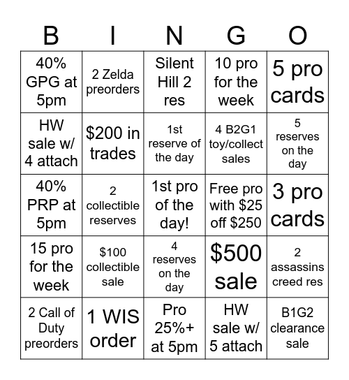 Pro Week Bingo Card