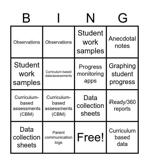 Progress Monitoring Bingo Card