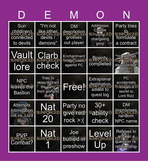 Sunforged Episode 42: Strange Bedfellows Bingo Card