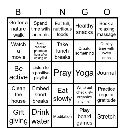 Self-Care Activities Bingo Card
