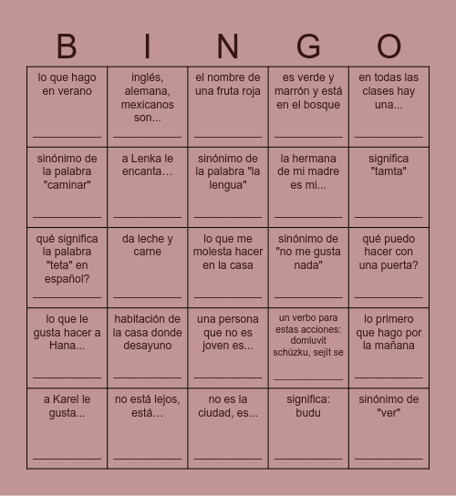 Bingo en español Bingo Card