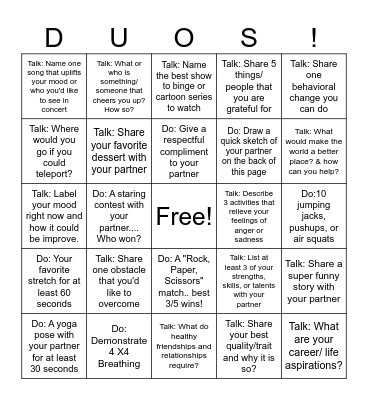 Talk or Do Challenges Bingo Card
