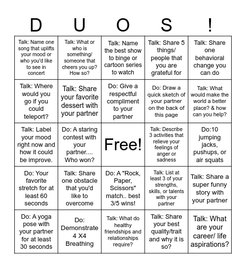 Talk or Do Challenges Bingo Card