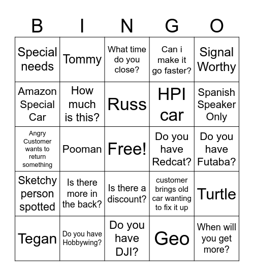 Hobbytown Customer Bingo Card