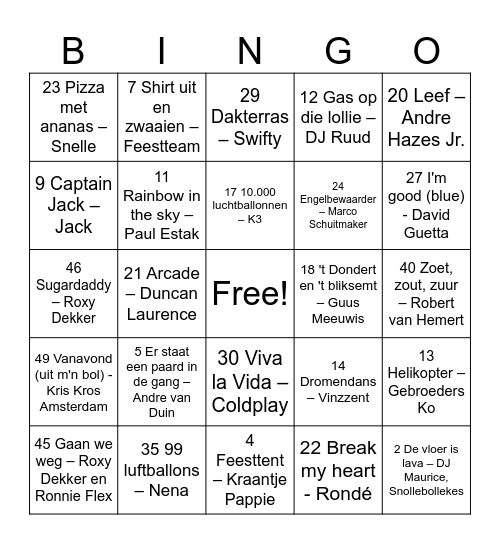 Muziek Bingo Card
