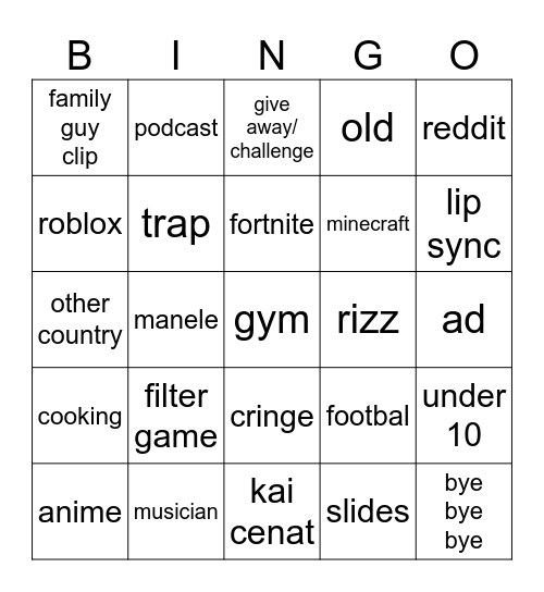 tiktok Bingo Card