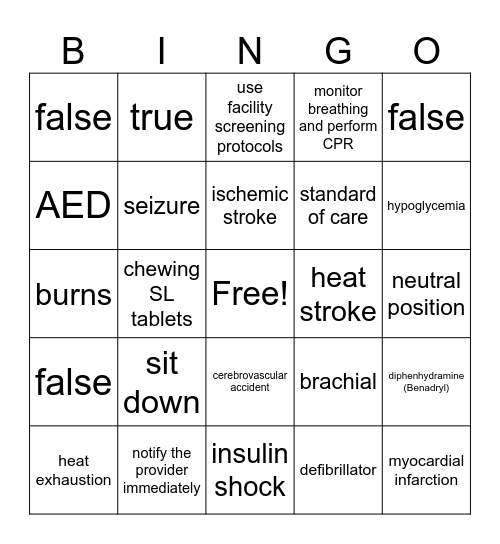 Basic First Aid Test Bingo Card