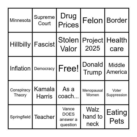2024 V.P. DEBATE BINGO Card
