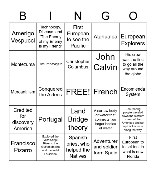 Age of Exploration Bingo Card