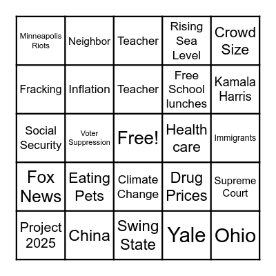 2024 V.P. DEBATE BINGO Card
