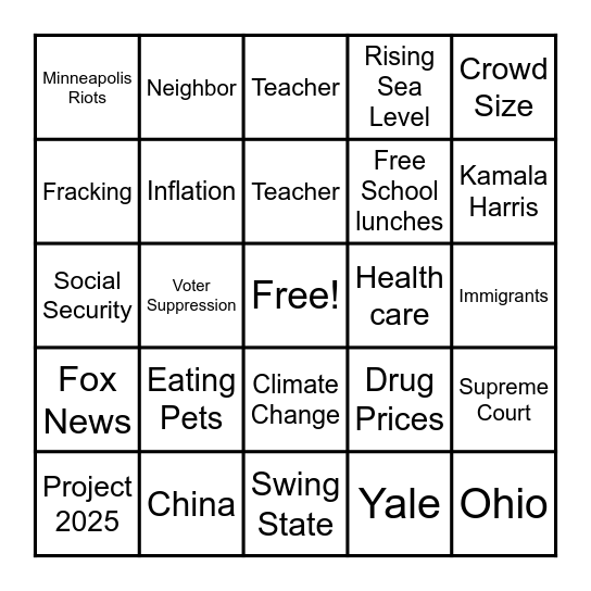 2024 V.P. DEBATE BINGO Card